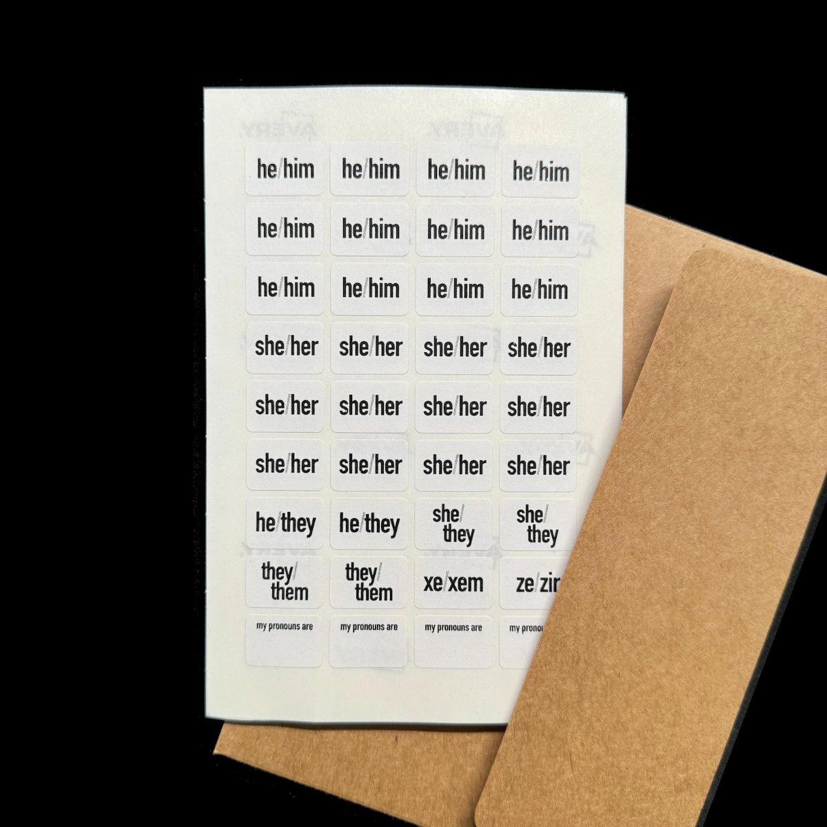 Sheet of tiny pronoun stickers for name tags